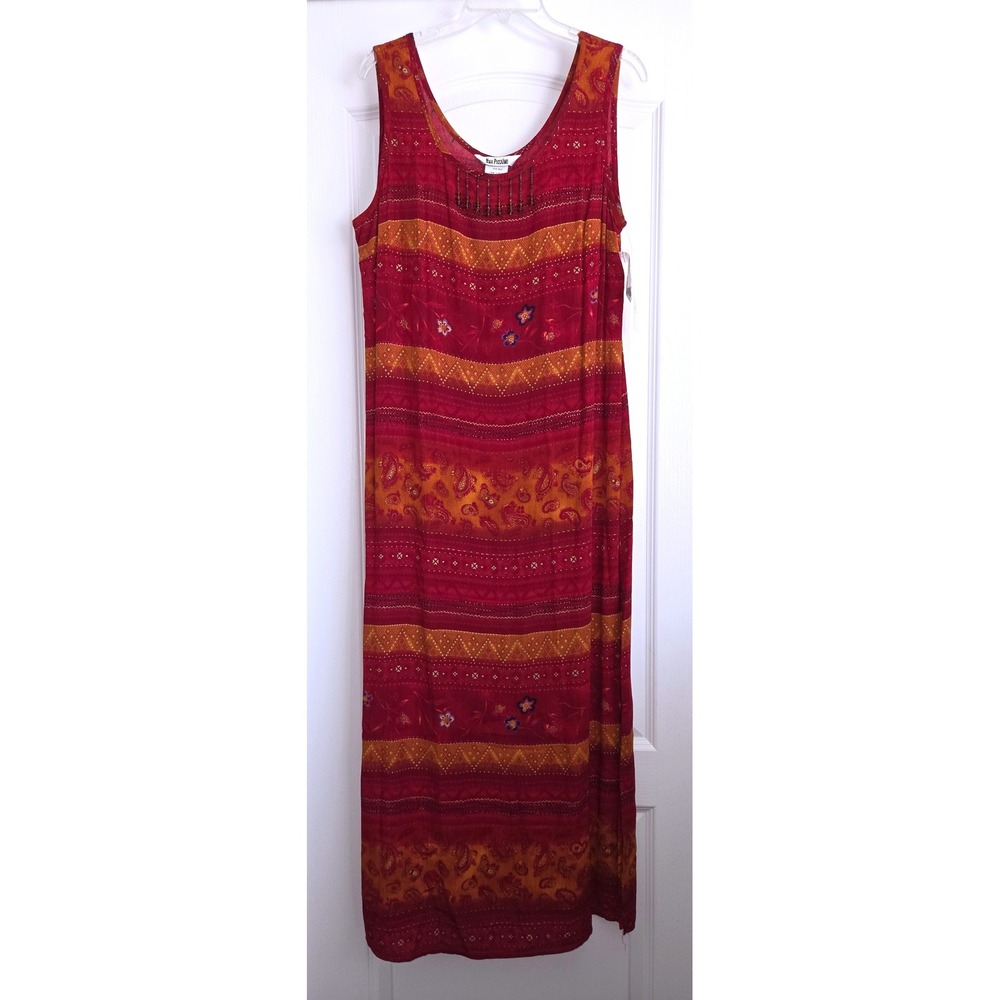Nina Piccalino Red Orange‎ Paisley Beaded Crinkle Rayon Maxi Dress Size 10 USA
